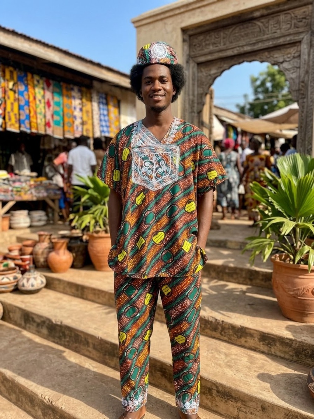 Men's African Print Three Piece Set — Green, Brown & Yellow